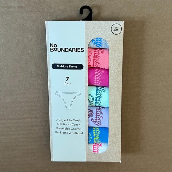 🩷🩵💜 NWT - No Boundaries 7-Pack Mid-Rise Thong Panties (Size Medium 8-10) - Picture 1 of 5